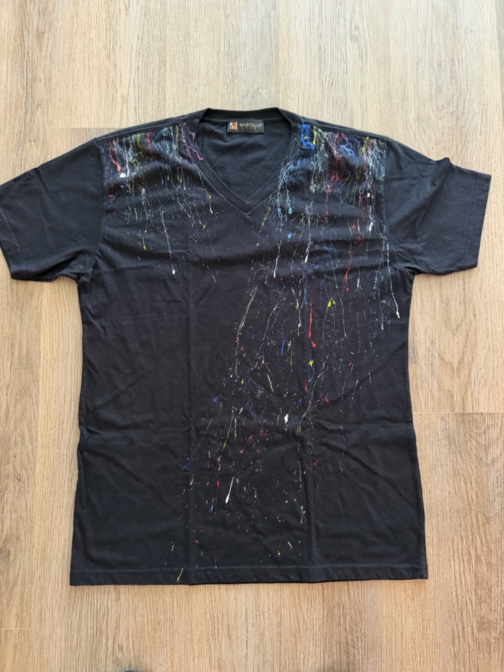 Black V-Neck Short Sleeve Tee with Multicolor Paint Detail